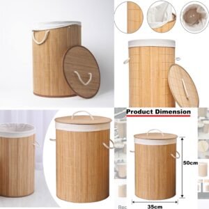 Round Foldable Natural Bamboo Laundry Basket With Lid