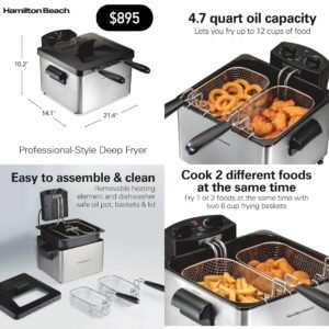 Hamilton Beach Electric Deep Fryer with 2 Baskets and Lid, 4.5
Liters / 19 Cups Oil Capacity, Temperature Control, View Window, Professional Style, 1800 Watts, Stainless Steel (35036)