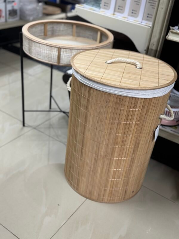 Round Foldable Natural Bamboo Laundry Basket With Lid - Image 2