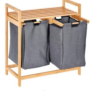 Bamboo Laundry Hamper and Shelf, 2 Sections Laundry Basket