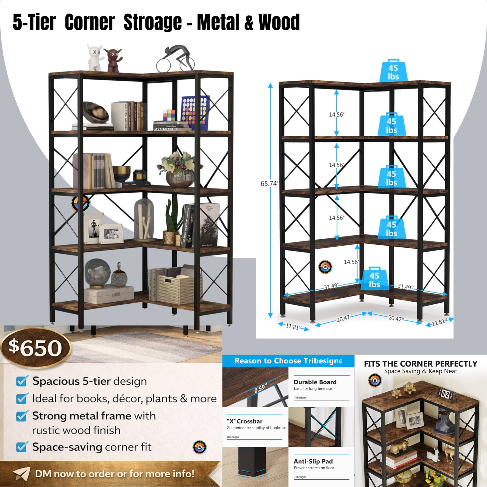 5-Tier Corner Storage - Metal & Wood - Image 2